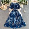 French Sexy Floral V-Neck Short Sleeve Lace-Up Waist Slim Pleated Long Dress