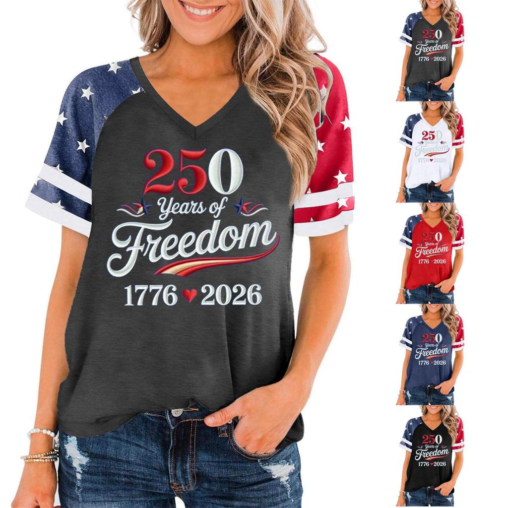 Women's Casual V Neck Short Sleeve Pullover T Shirt Independence Day Graphic Tee 250 Years of Freedom 1776 2026 Commemorative Top