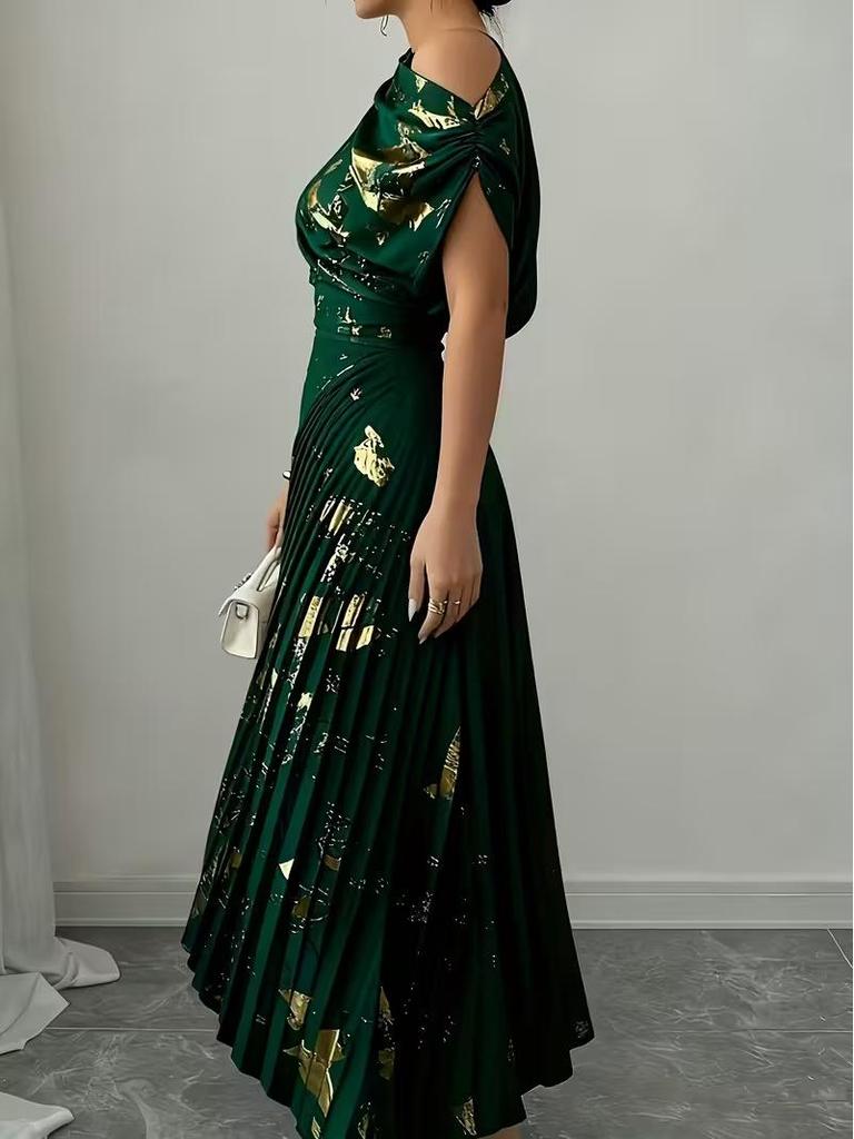 Asymmetrical Shoulder Gold Foil Pleated Dress for Women