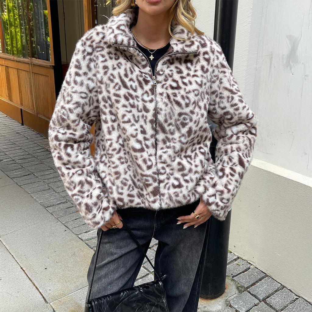 Kaikuo Palton Jachetă Elegantă Europeană cu Imprimeu Leopard Pufos cu Mâneci Lungi pentru Femei Toamnă și Iarnă 2025