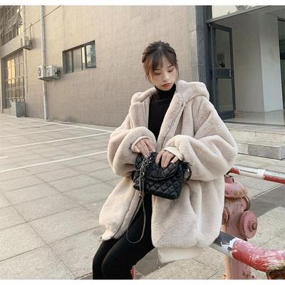 Manteau d'hiver épais à capuche en fausse fourrure de lapin pour femmes, style coréen, long