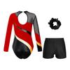 Girls Long Sleeve Shiny Rhinestones Patchwork Leotard V Front Waistband Shorts Hair Band Gymnastics Performance Set