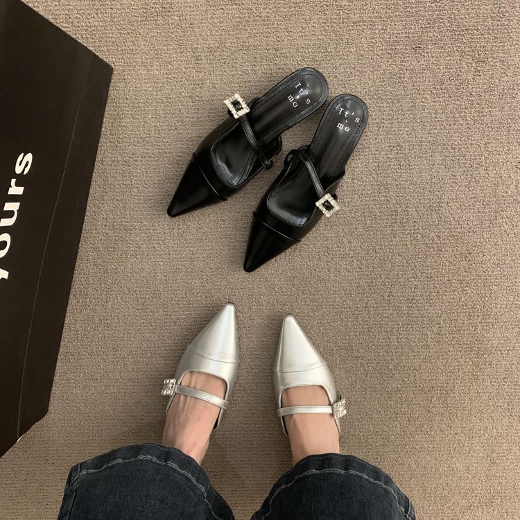 2025 spring and autumn new thick heel bag head half slippers outer wear women's shoes one pedal pointed Mary Jane silver shoes