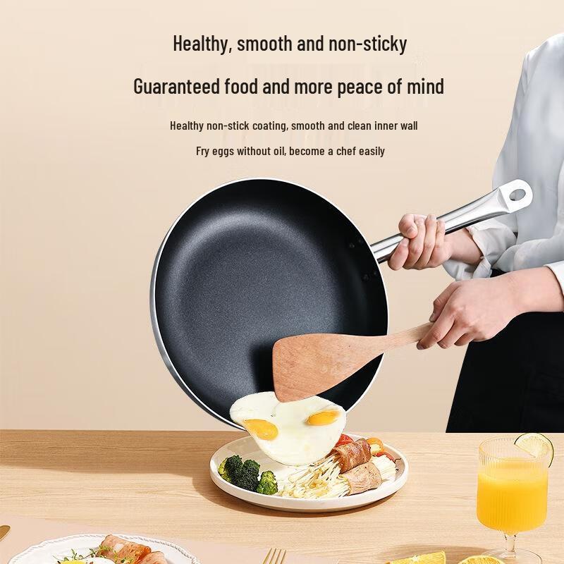 JINGRX Commercial Refined Iron Flat-Bottom Frying Pan with Steel Handle