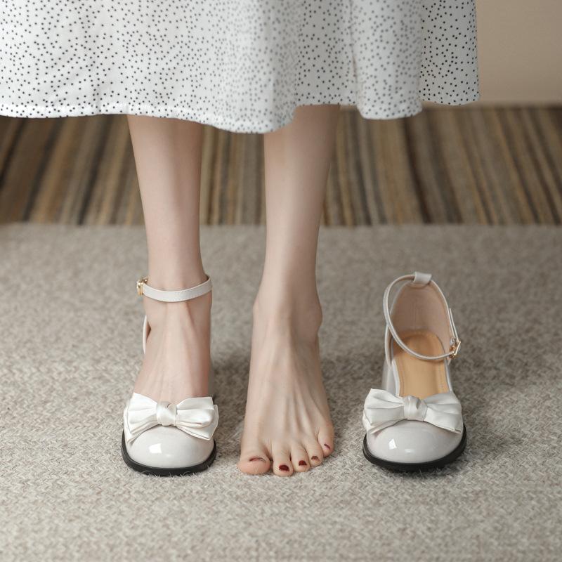 Mary Jane anklet buckle with hollow single shoes women's bow round head thick heel bag head sandals versatile casual shoes
