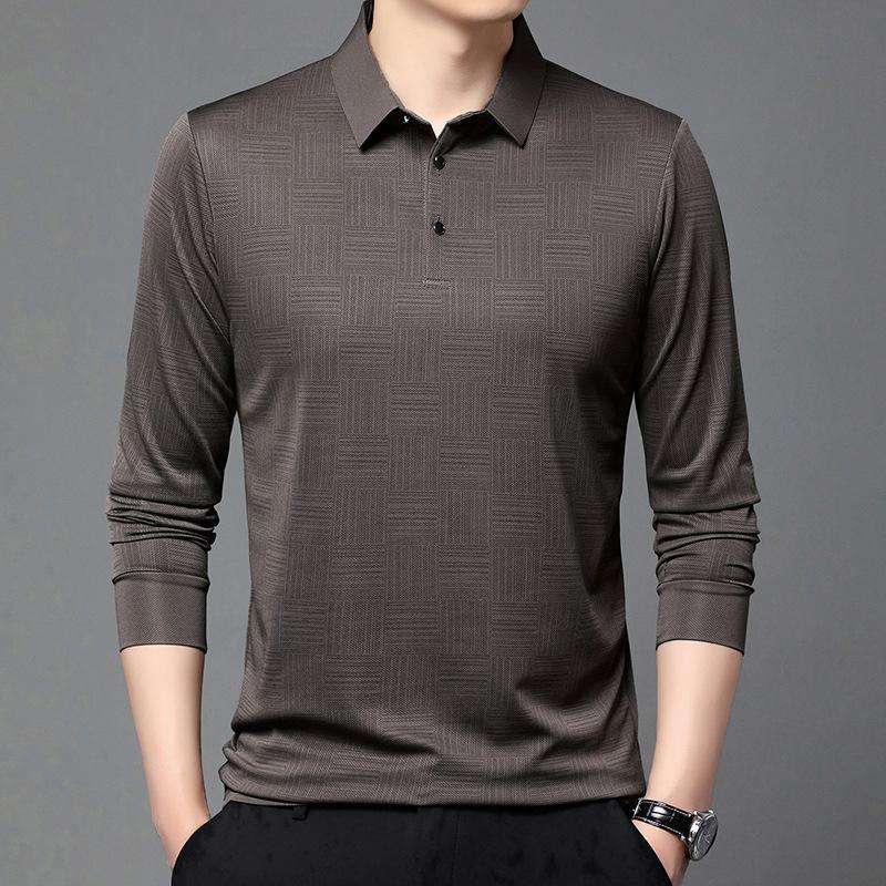 New T-shirt for Men's Fashionable  Long Sleeved Casual Top with Checkered Trendy Collar POIO Shirt Versatile