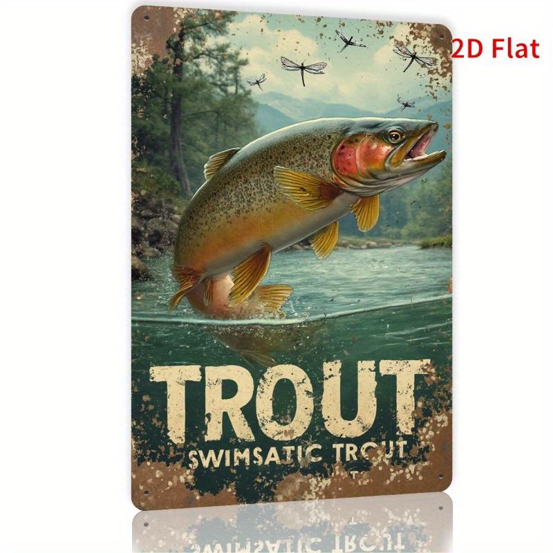 2D Flat, Fun and Inspiring Quotes, Retro Rectangular Iron Metal Wall Art- Trout Jumping Pattern, Retro Design, Country Home and