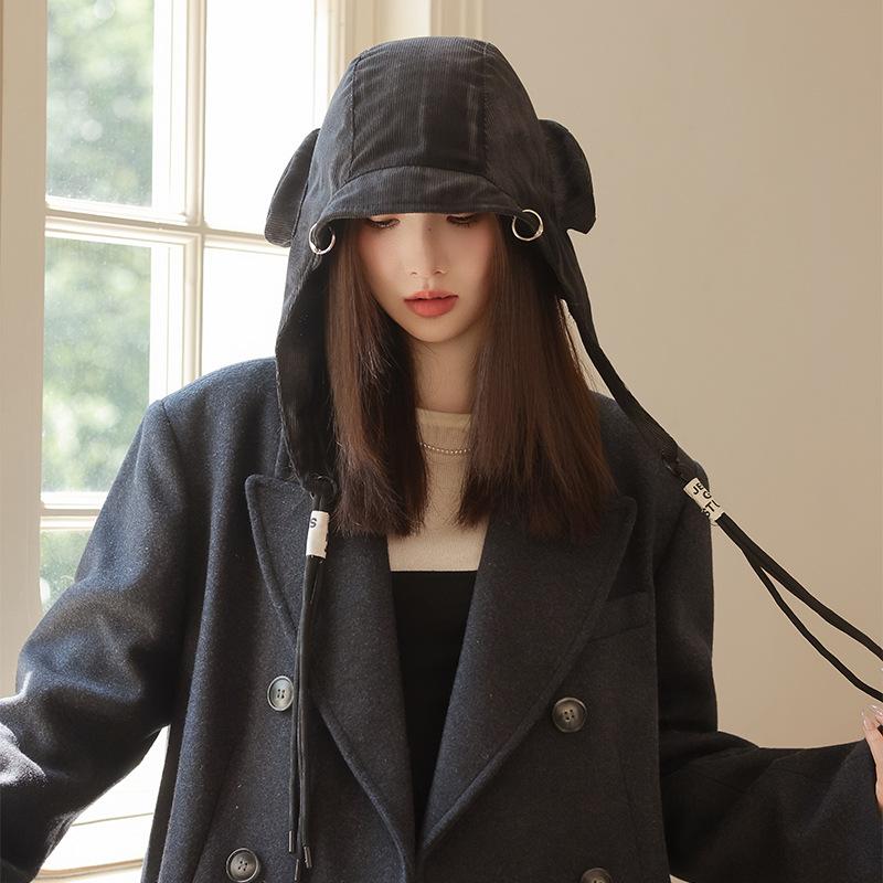 

Осень и зима новый ветрозащитный головной убор с защитой ушей показывает лицо маленьким пустошь ветер двойное кольцо шляпа женская повседневная универсальная холодная шляпа чёрный