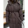 Women S Casual Waist Cinched Long Thick Warm Puffer Cotton Coat Brown