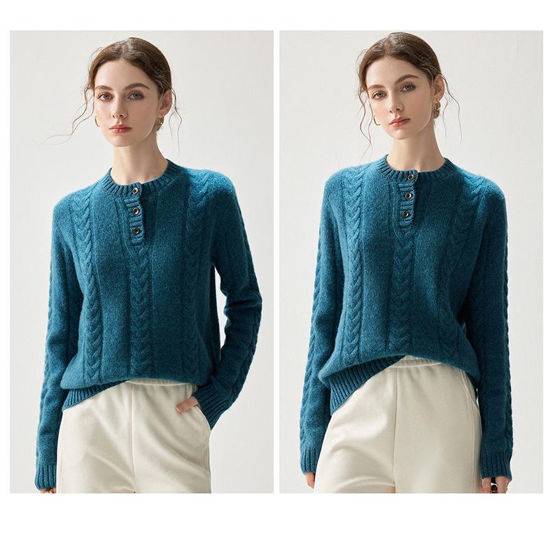 Pull élégant en tricot cachemire pour femme, Automne/Hiver 2026: Col rond, Demi-boutonnage, Coupe ample, Épais et élégant