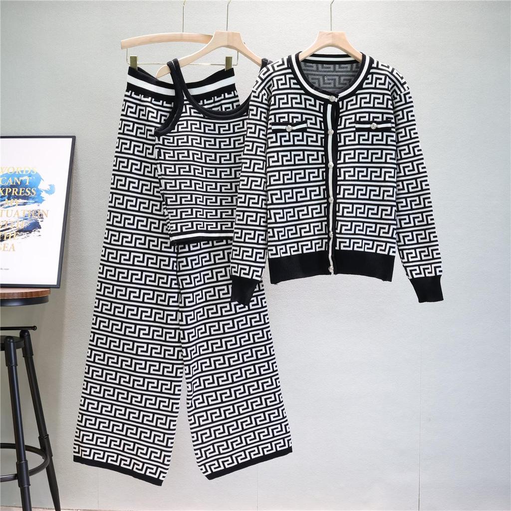 Women's Autumn/Winter Jacquard Knit Cardigan, Vest, and Wide-Leg Pants Set