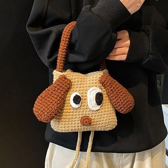New Cute Big-eyed Dog Hand-held Wool Bag Big-eared Dog Hand-crocheted Bag Finished Product Versatile Women's Messenger Bag