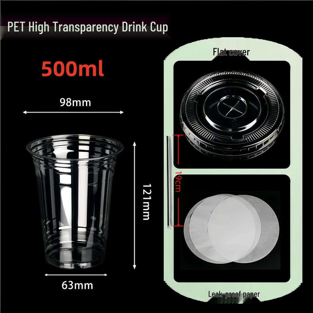 PET Disposable Milk Tea Cup with Lid & Straw - 98mm Caliber, Thickened Plastic for Fruit Tea or Coffee Takeaway