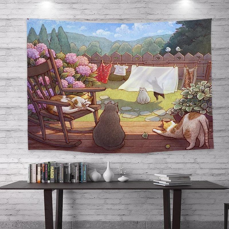 Cute Cat Print Background Cloth Office Living Room Tapestry Home Wall Decoration Tapestry