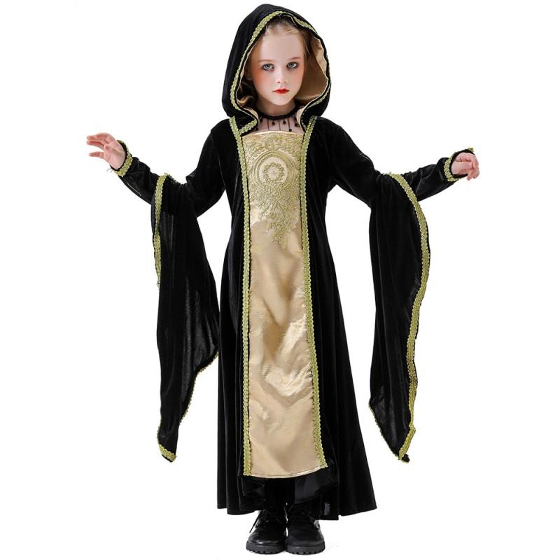 Medieval Queen Costume Kids Gothic Renaissance Dress Halloween Party Cosplay Outfit With Hooded Skirt
