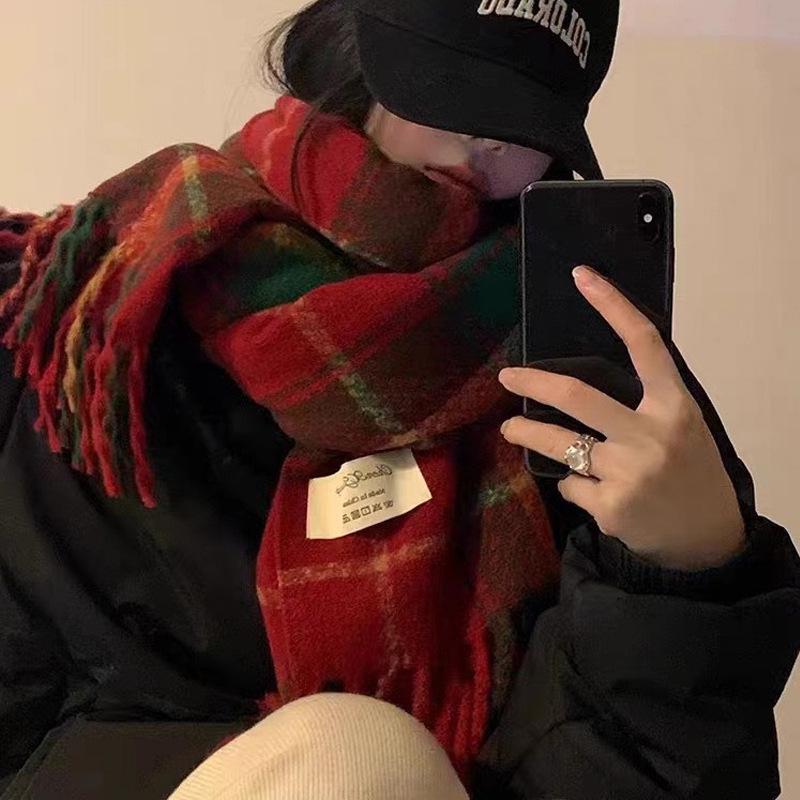 Women's High-End Red Plaid Shawl Winter Scarf - Imitation Cashmere Neck Warmer