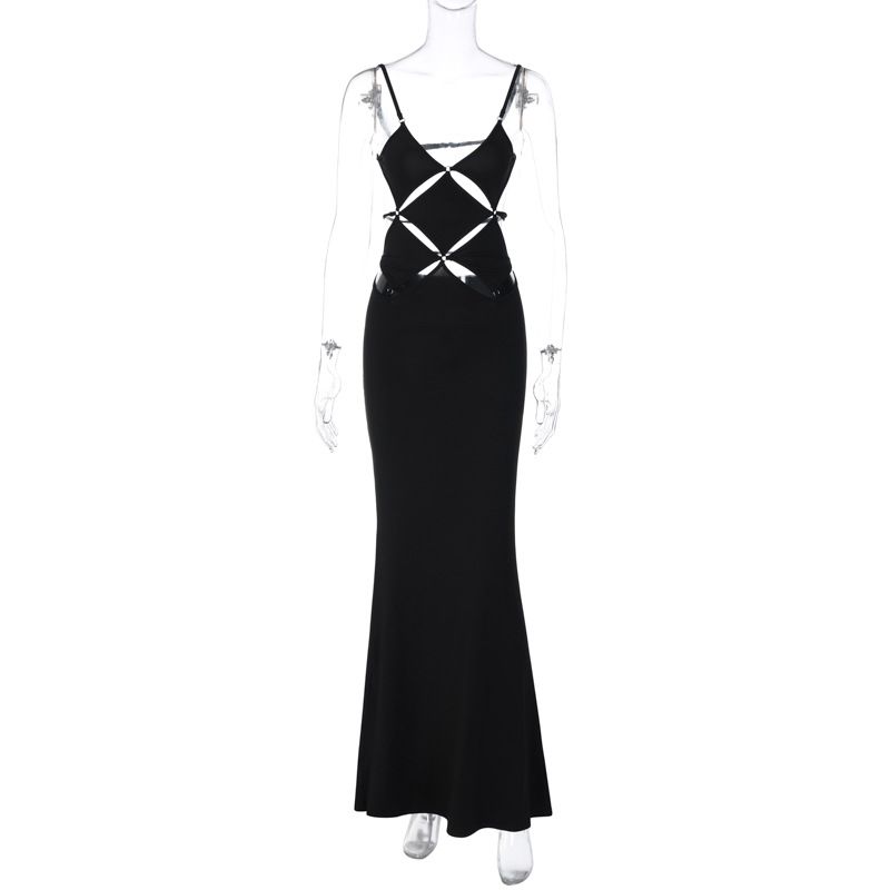 

Solid Color Backless Suspender Dress Pure Color Slim Fit Backless Sling Dress Black S