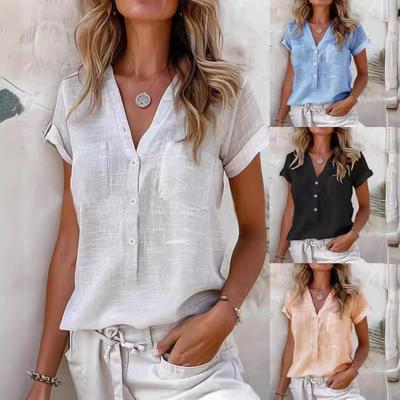 Women's Plain-coloured Button-up Loose-fit Comfortable Casual Fashionable Short-sleeved Top