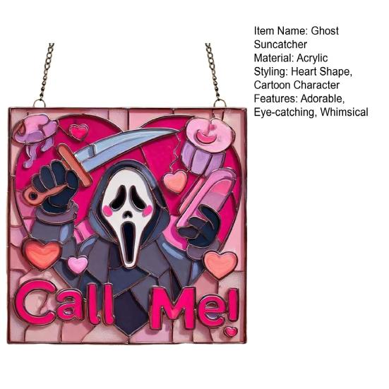 Pink Ghost Suncatcher Halloween Stained Glass Scream Ghost Decoration Acrylic Window Hanging Ornament for Home Office Kitchen Living Room Wall Decor
