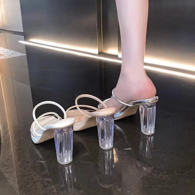 Fashion High Heels Women Outer Wear Pumps 2025 Summer New Transparent Wedding Sandals One Word With Thick Heel Crystal Heel Cool Slipper