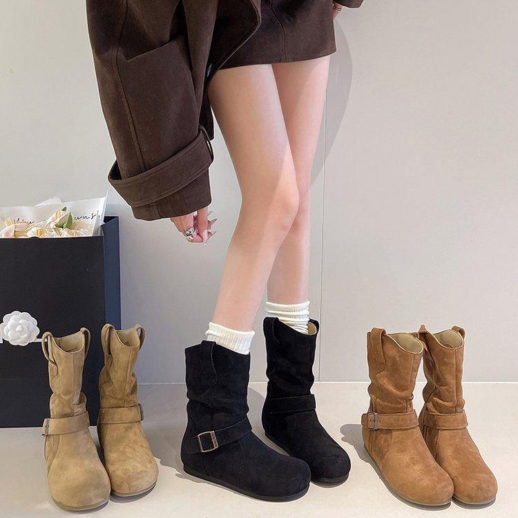 Western cowboy boots Martin boots women's shoes retro suede buckle 2025 new summer design pleated small short boots