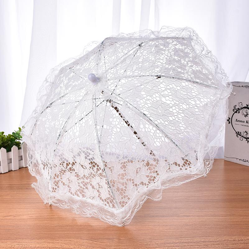 European White Lace Wedding Flower Girl Umbrella - Small Size with Stainless Steel Long Handle.