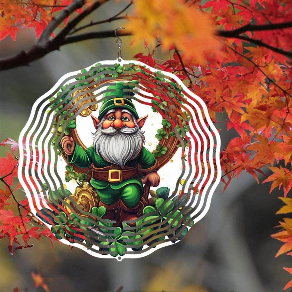 Lucky Gnome Wind Chime with Horseshoe and Clover 2D Rotating Design for Outdoor Garden Yard Decor Universal Holiday Ornament with 360 Degree Hook