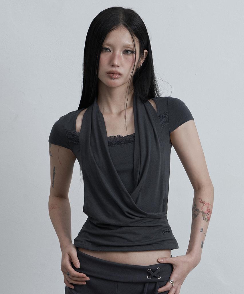 Aejeuyua Lace Cowl Neck T-Shirt Charcoal