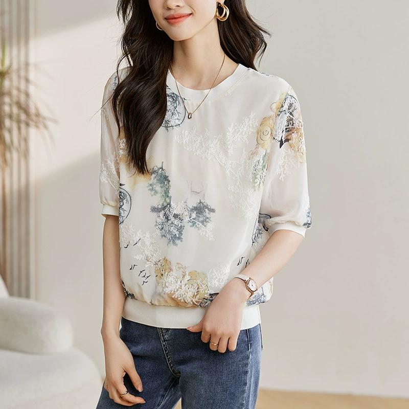 

Женская свободная футболка из тонкого шифона с вышивкой, элегантный темпераментный топ со средним рукавом XS