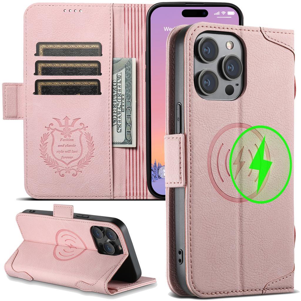 Magnetische Leder Kartensteckplatz Geldbörse Kabelloses Ladecase Für iPhone 16 15 Pro Max 14 Plus 13 12 Flip Book Für Magsafe Hülle