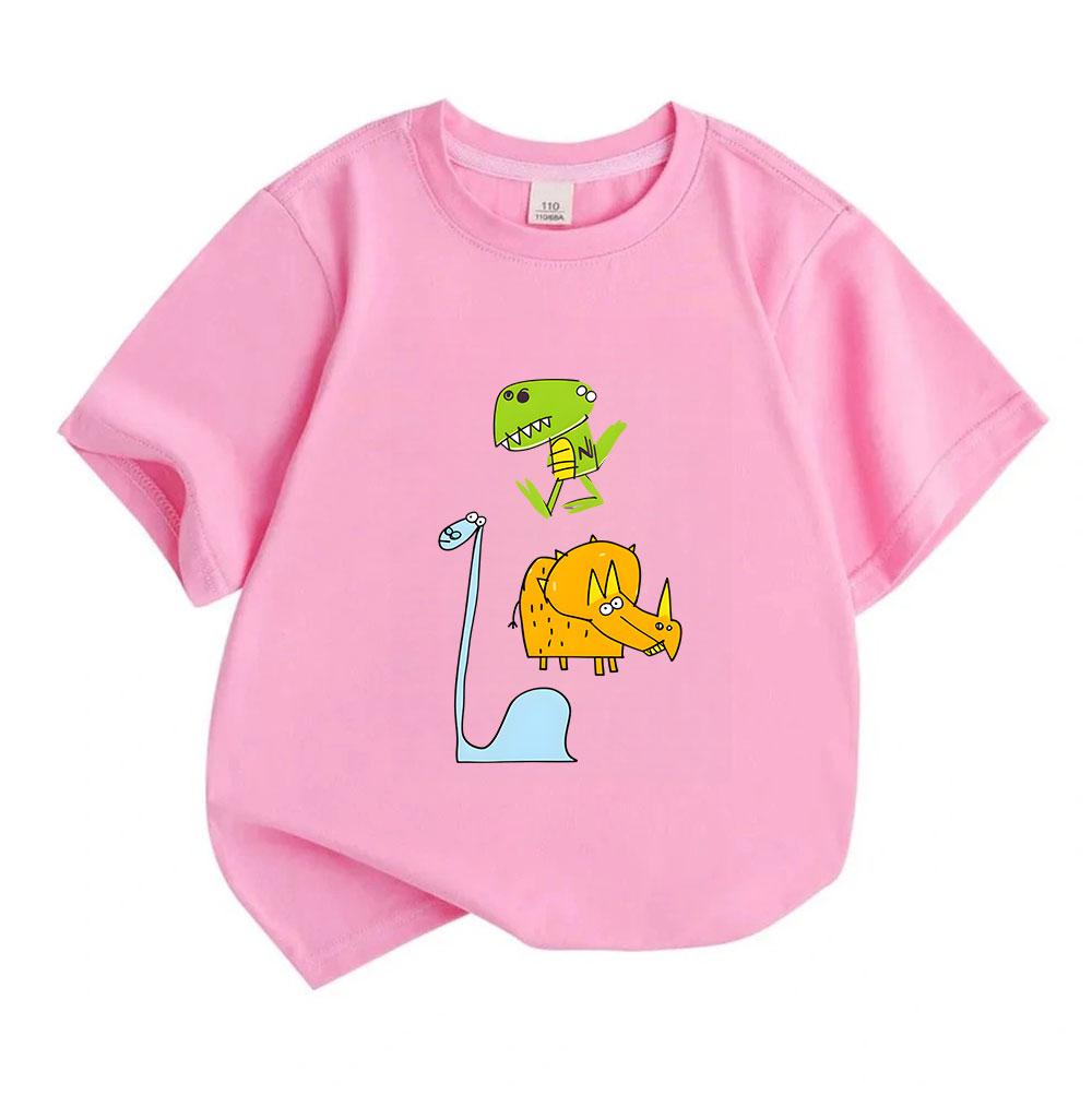 Kids Boys Girls 100% Cotton Crew Neck Short Sleeve T-Shirt, Funny Cartoon Dinosaur Print Casual Comfy Tee for Toddler Children Daily Outdoor Play Wear
