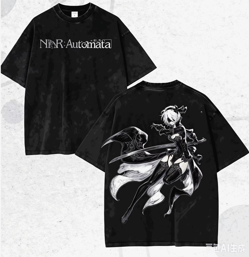 2026 Summer NieR: Automata 2B Double-Sided Printed Black Washed Loose Pure Cotton T-shirt, Anime Harajuku Street Style T-shirt