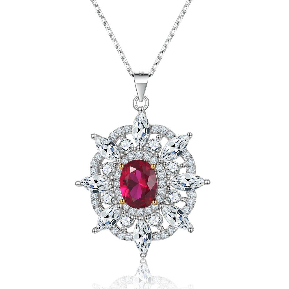 S925 Silver Ruby Natural Stone Zircon Pendant Sunflower Octagram Necklace Women s Premium Sterling Silver Clavicle Chain 925 silver платиновый