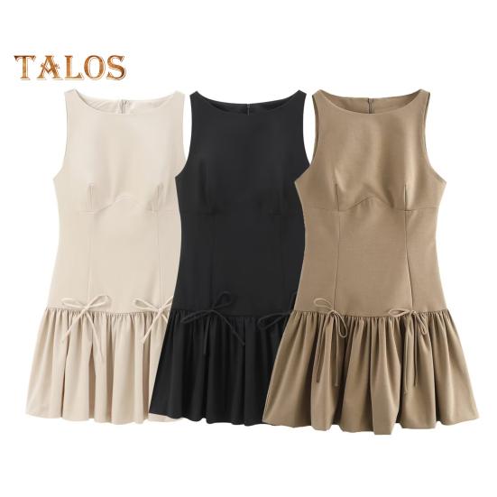 Sommerkleid für Damen, ärmellos, Schleifendekor, plissiert, A-Linie, einfarbig, Minikleid mit Reißverschluss auf der Rückseite, O-Ausschnitt, Westenkleid für Dating-Party