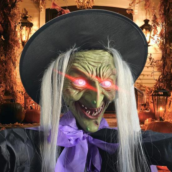 6 FT Halloweenská létající čarodějnice dekorace Hlasem aktivovaná animatronická čarodějnice na koštěti se svítícíma očima pro zahradu dvůr trávník venkovní vnitřní dekorace