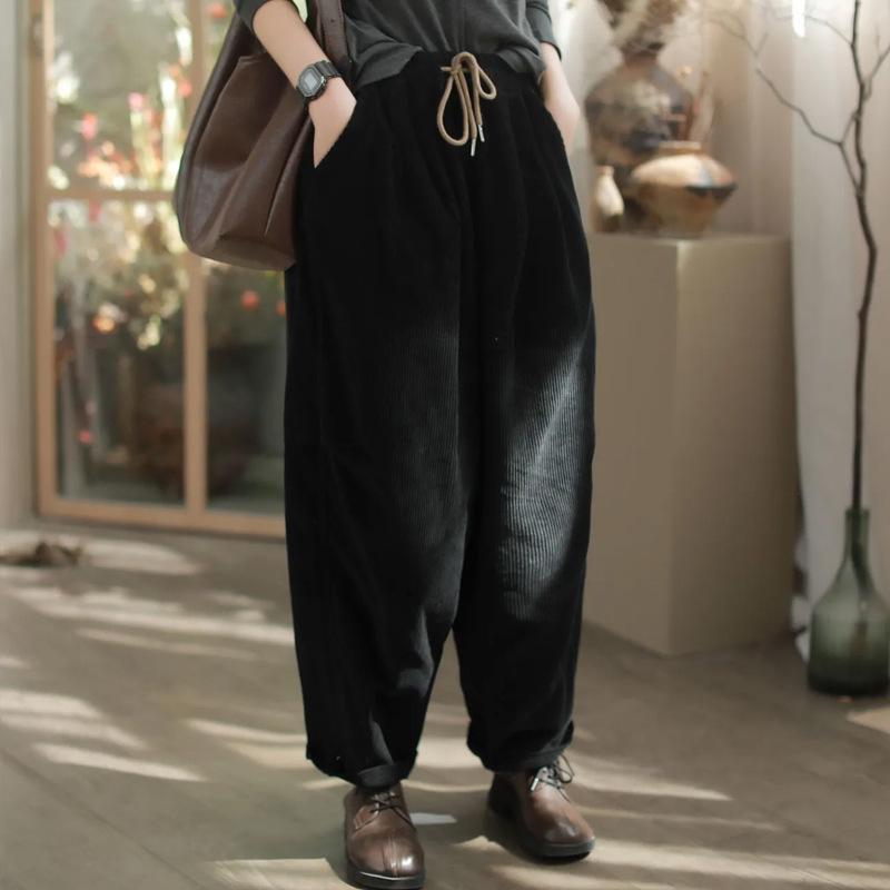 Women's Retro Corduroy Harem Pants - Elastic Waist, Lace-up, Patchwork, Plus Velvet, Thickened for Spring/Autumn