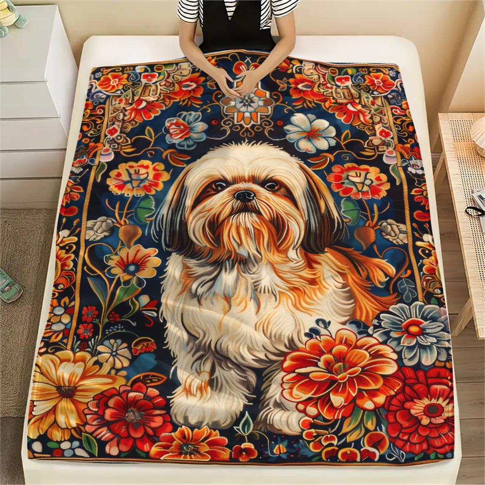 1Pc Floral Dog Print Flannel Blanket, High quality Comfortable for All Seasons, Home Decor, Warmth and Comfort, Perfect for Christmas Gifts