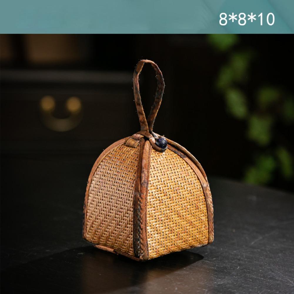 Handmade Spliced Drawstring Pocket with Handle Teapot Bag Rattan Pattern Storage Bag  For Small Cup