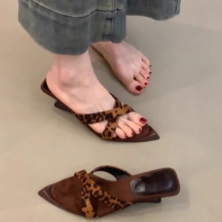 2025Spring and Summer Women's Shoes Korean Silk Satin Pointed Bow Tie Slippers Baotou Flat Heel Sets Semi Slippers