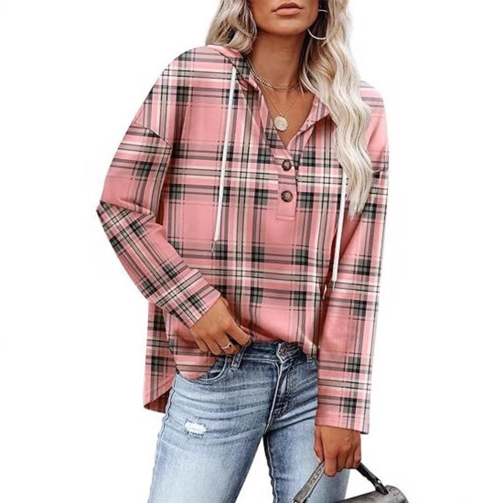 Women's V Neck Button Hooded Plaid Long Sleeve Pullover Sweatshirt, Europe America Fashion Casual Top for Crossborder