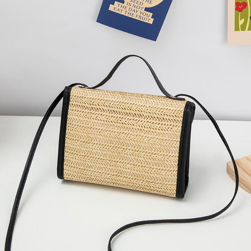 Pastoral literary and fresh contrasting colors woven shoulder bag fashionable versatile girls portable messenger bag lock mobile phone bag