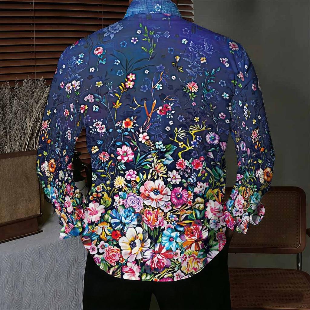Camisa de Hombre con Cuello Estampado Floral de Rama Gradiente Blanco Rosa Manga Larga Botones