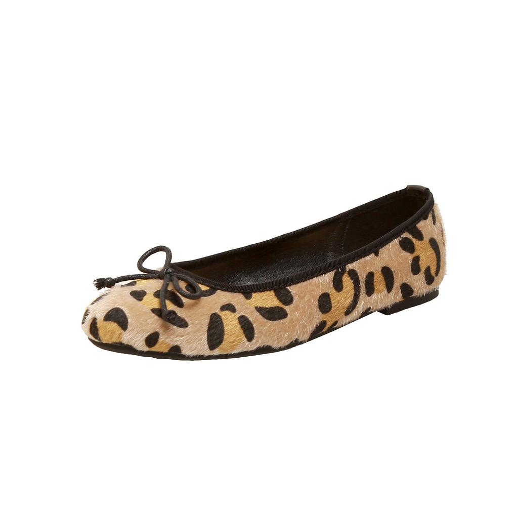 Leopard print leather horsehair round head bow light mouth flat sole shoes French versatile comfortable ballet women's shoes