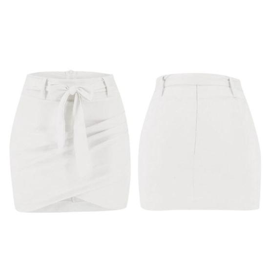 Women Solid Color Slim High Waist Bandage Belt Asymmetric Bodycon Mini Skirt