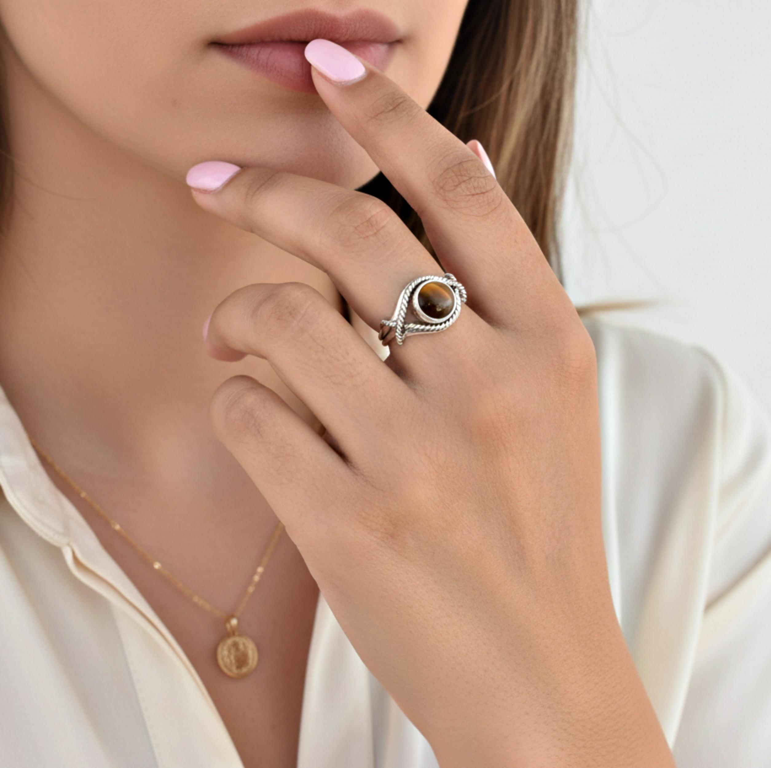 

Tiger Eye Round Statement Ring, 925 Solid Sterling Silver, Minimalist Bold Ring for Women 12 срібний