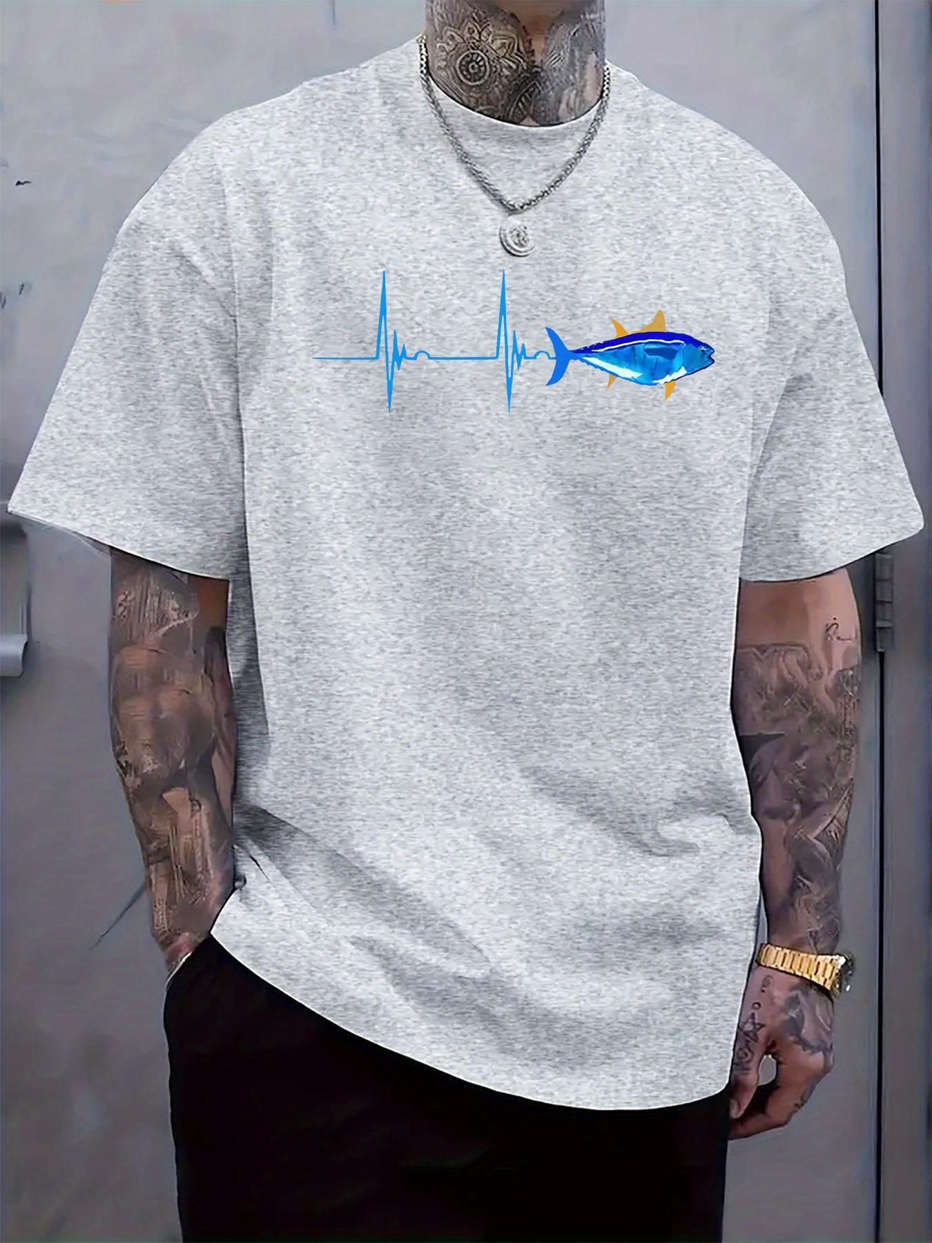 Fish Heartbeat Graphic Print Tshirt - Light Grey Casual S... XXXL