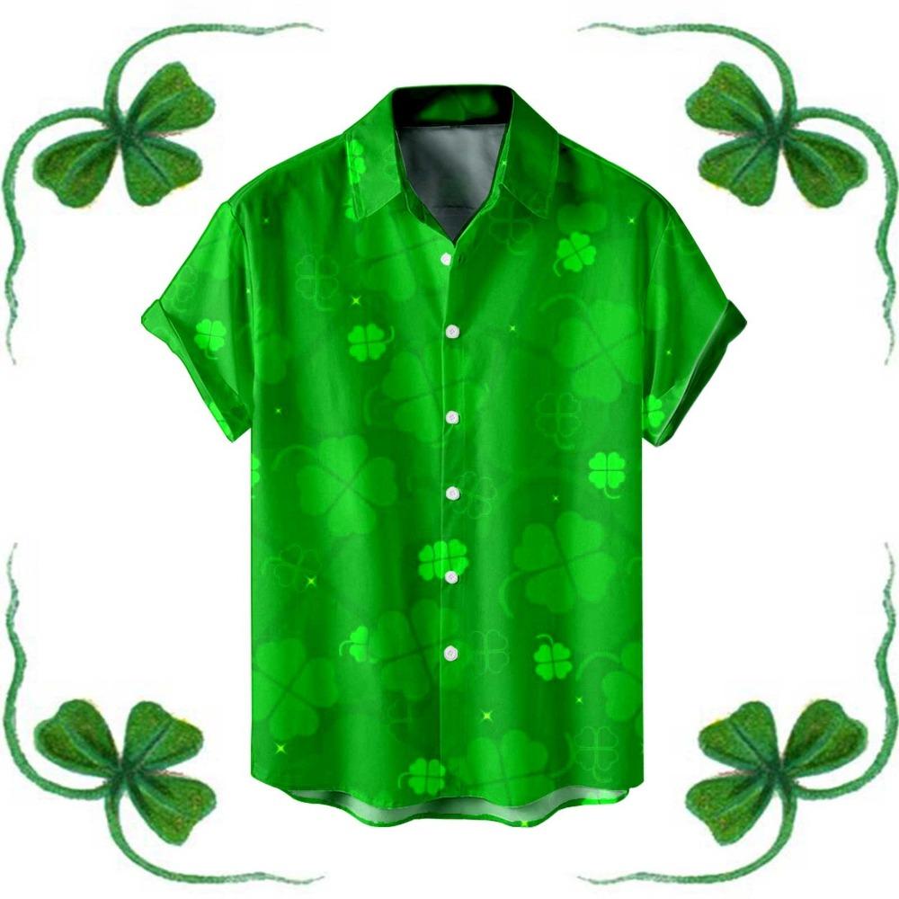 Saint Patrick Mens Shirt Festive Green Shamrock Print Lapel Short Sleeved Shirt Vintage Solid Shirts Cardigan Men's Blouses