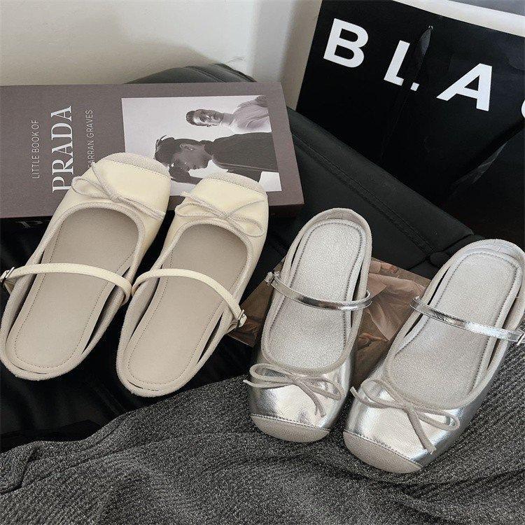 Ballet shoes silver half-drag inner height-increasing bow French spring and summer one-word slippers small light mouth square head single shoes