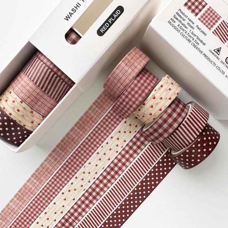 Plaid Tape Set, 6 Rolls Aesthetic Grid & Polka Dot Decorative Tapes For Journal Scrapbooking Diy Crafts & Planner