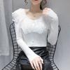 Doll Neck Women's Autumn and Winter New Spliced Lace Hollow Out Button Fashion Solid Color Casual Long Sleeved Knitted Top